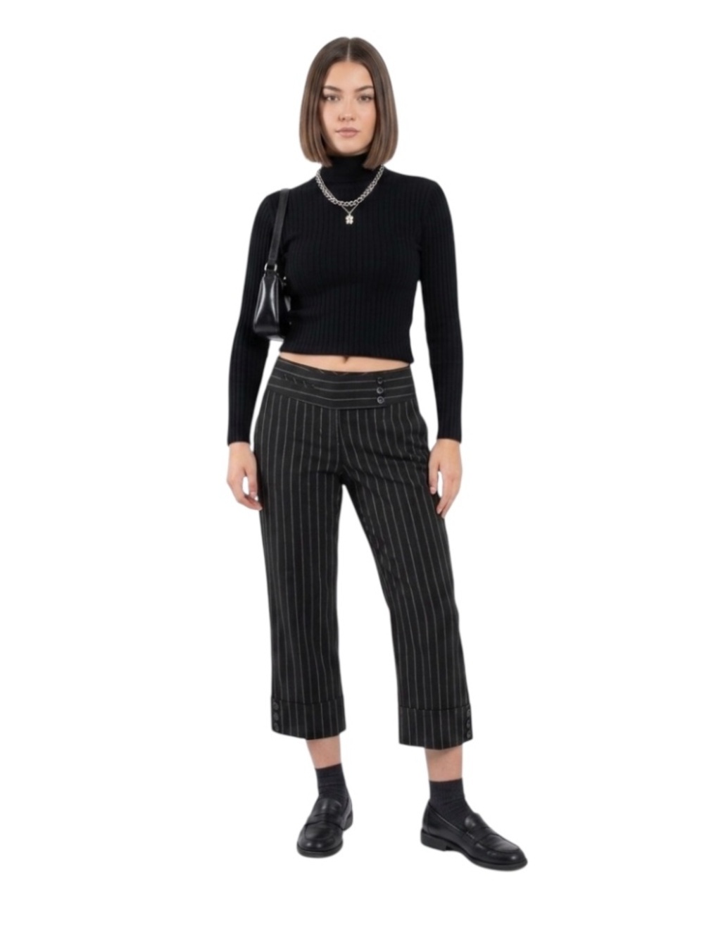 VTG Bebe Pinstripe Capri Pants Sz 2 Black Low Rise Office Siren 90s Grunge Y2K